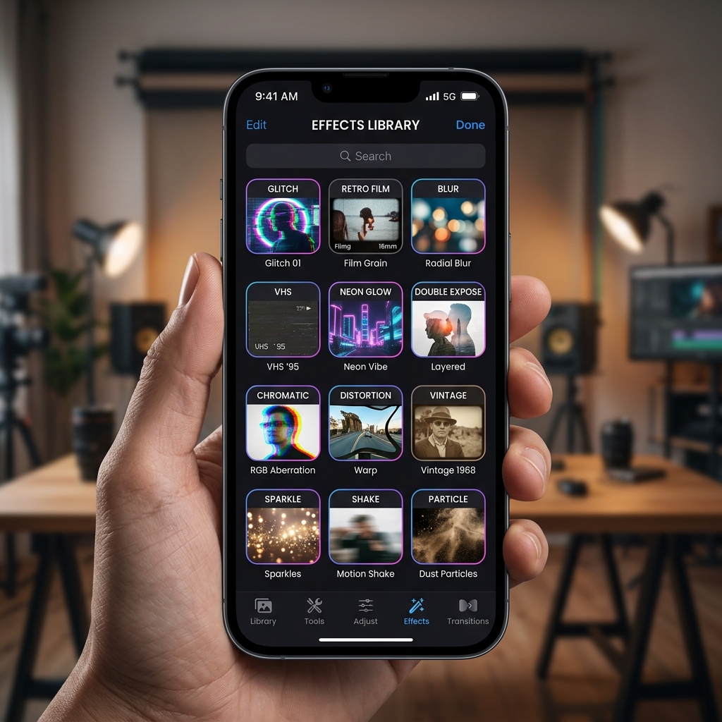 CapCut effects and transitions library panel
